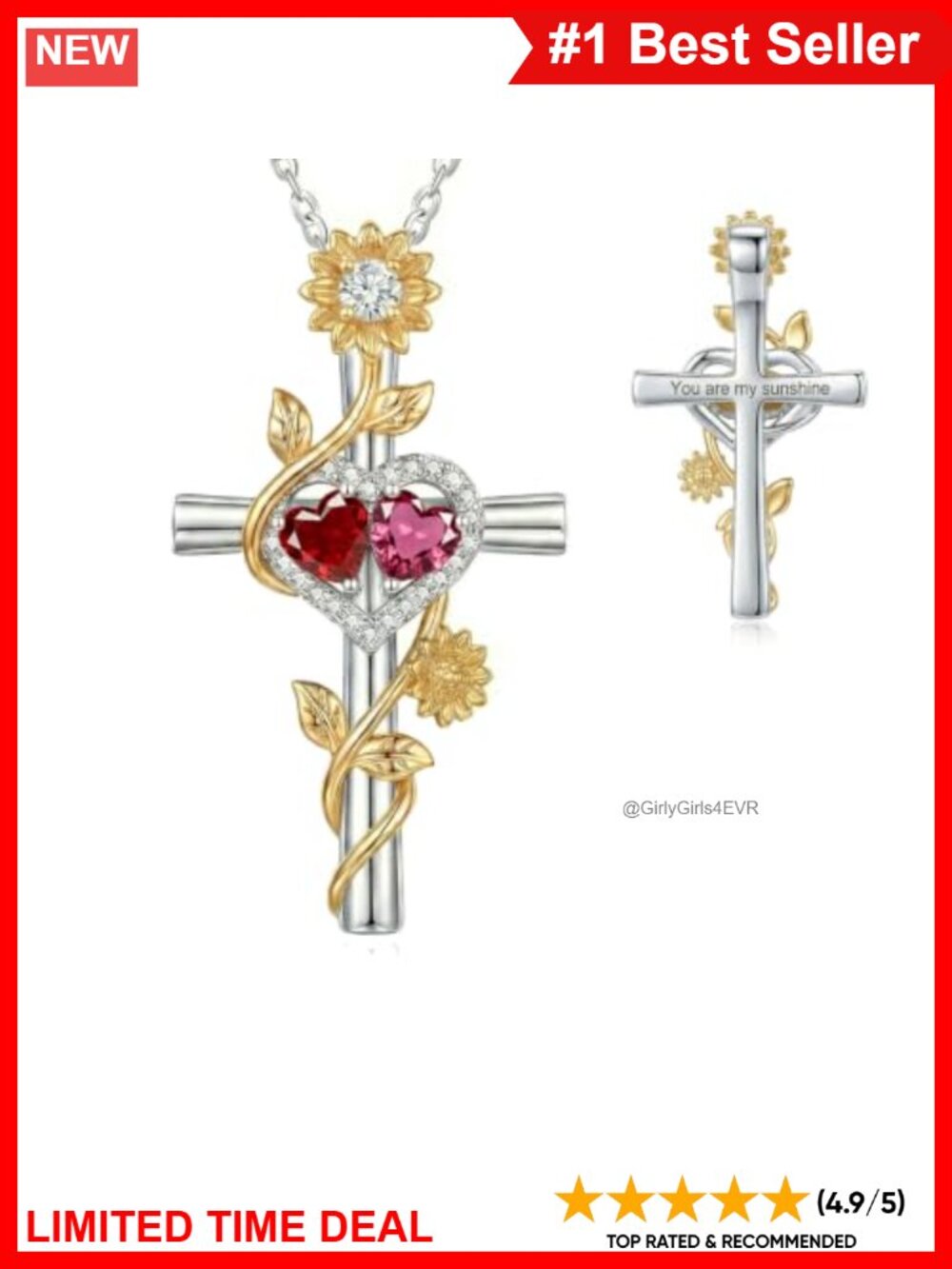 14k White Gold Plated Sunflower Cross Necklace Birthstone Pendant Women